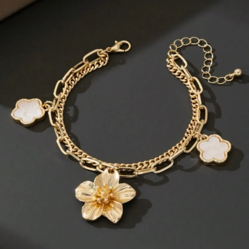 Elegant & Charming Lucky Double Layer Triple Leaf Flower Pendant Anklet for Women Summer Vacation Style Suitable For Holiday