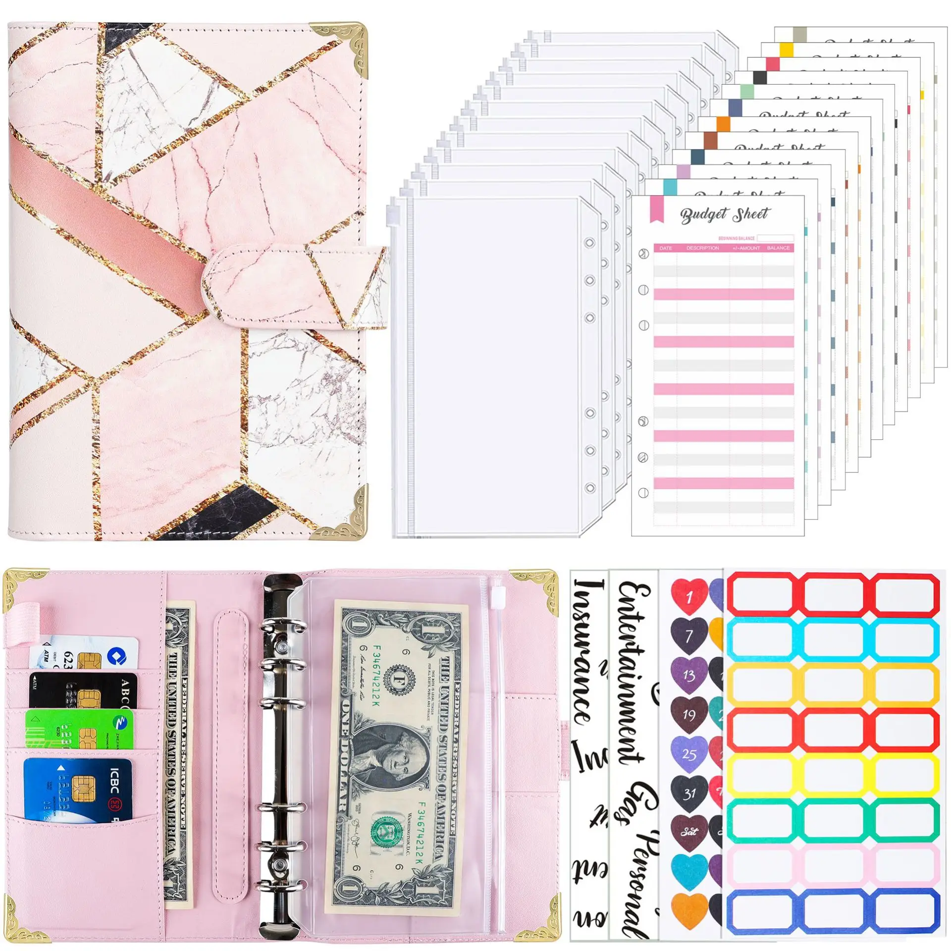 A6 Colorful Money Budget Planner Binder With Zipper Envelopes Cash Envelopes, For Budgeting Money Organizer For Binder Notebook