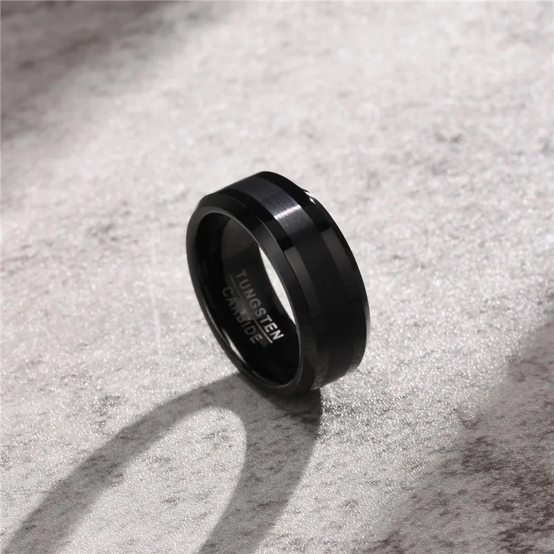 8MM Tungsten Carbide Engagement Ring Classic Brushed Beveled Edge Polished black Wedding Band for Men Women