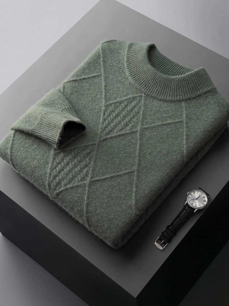 

Long Sleeve 100%Pure Cashmere Men's Sweater Loose Half Turtleneck Jacquard Pullovers Autumn Winter Youth Top High-End Knit Shirt