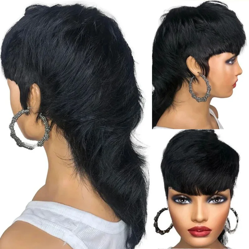 Mullet Wig Highlight Full Machine Made Wig With Bangs Glueless Brazilian Human Hair Wigs For Women 99j Short Pixie Cut Wigs