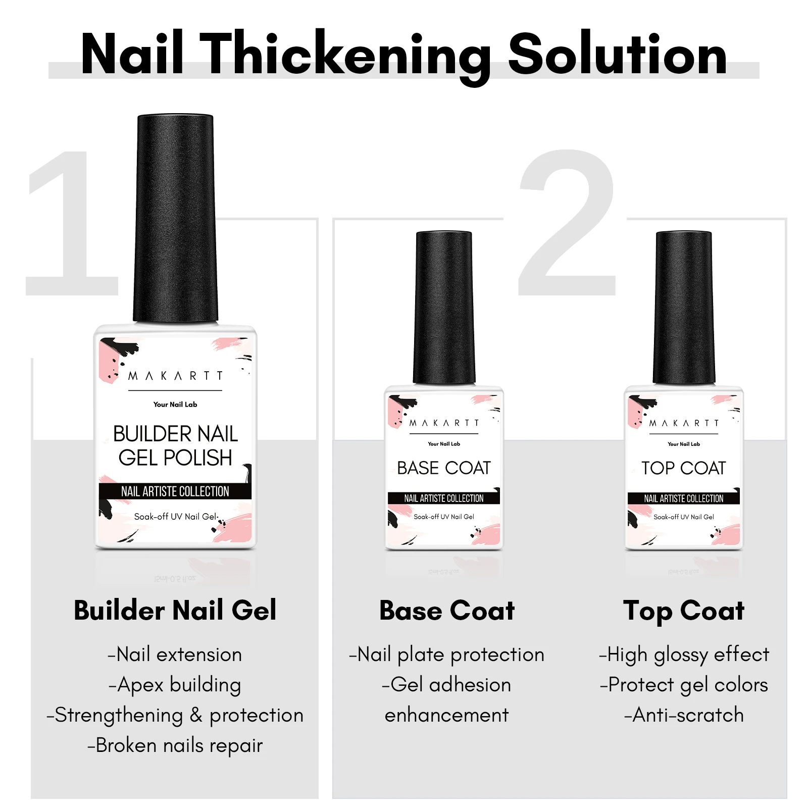 nail art set top coat Makartt Builder Nail Gel with Base Top Coat Set- Clear Gel Nail Polish No Wipe Glossy Strengthener Extension Builder