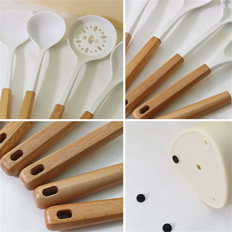 Non-stick Silicone Cooking Utensils Set Kitchenware Wooden Handle Spatula Spoon Turner Soup Ladle Whisk Cookware Kitchen Tools