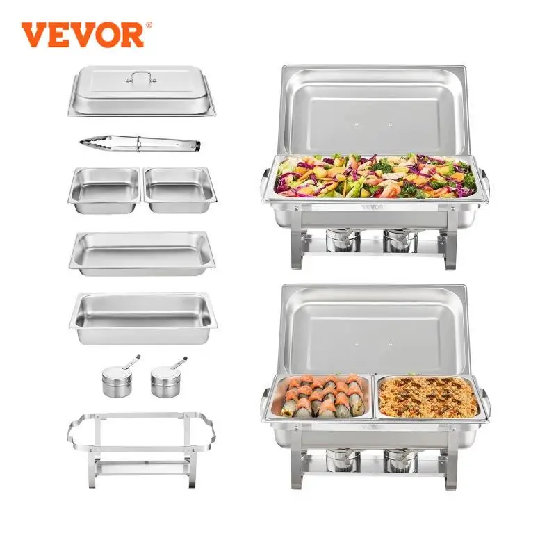 VEVOR 8QT 2 Pack Chafing Dish Buffet Set Stainless Chafer w/ 2 Full & 4 Half Size Pans Rectangle Catering Warmer Server with Lid chafing dish
