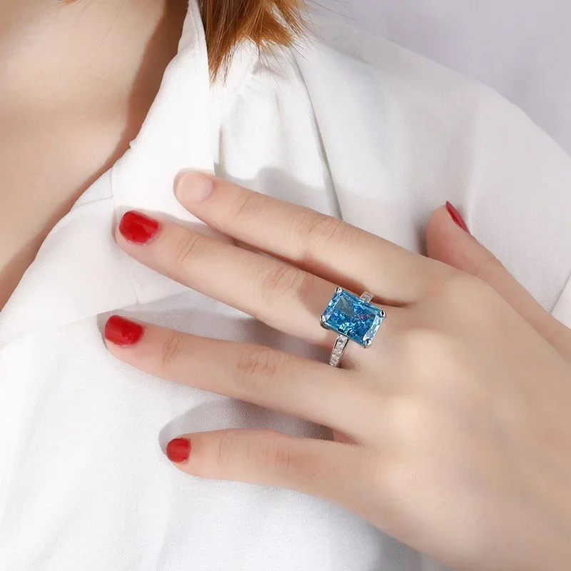 

S925 Full body Silver Colored Treasure High Carbon Diamond Ring Women's Square 10 * 14 Blue Mouth Handmade Wedding Jewelry