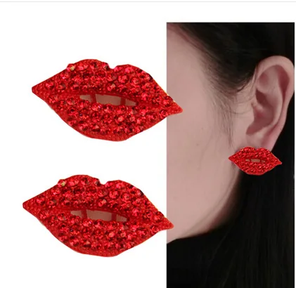 2021 Fashion Trend Big Classic Luxurious Elegant Sexy Red Lip Rhinestone Stud Earrings for Women Jewelry Accessories