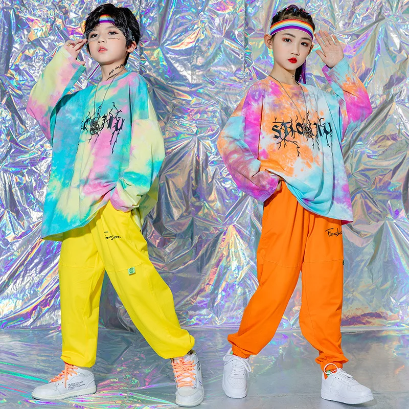 

2Pcs Tie Dye Hip Hop Dance Outfit for Kids Girl Boy Long Sleeve Tee Pants Sets Cotton Unisex Summer Clothing