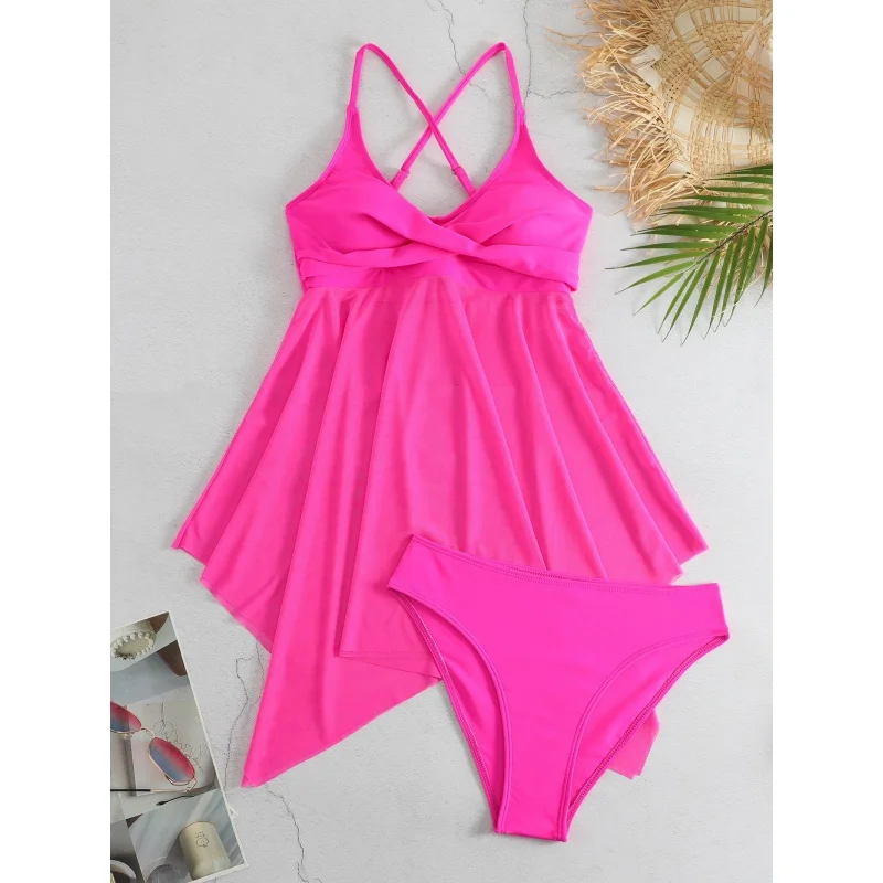 Women's Yarn Swing Split Swimsuit High Waist Mesh Swimsuit Crossover Tops Double-Shoulder Strap