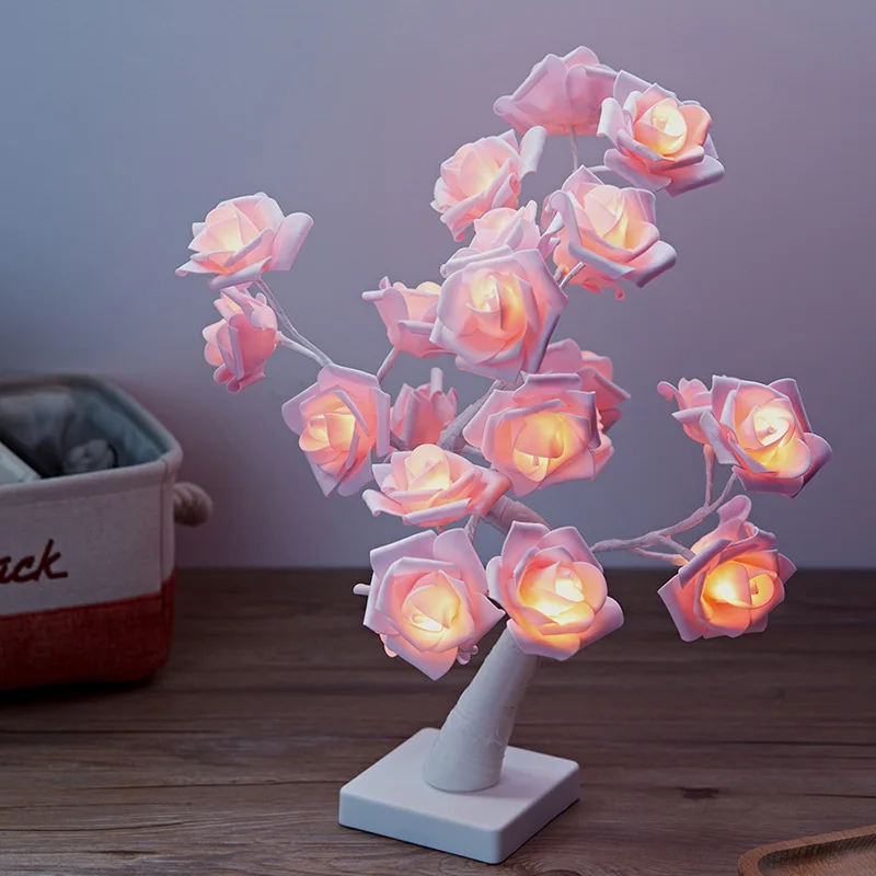 

LED White Pink Rose Flower Bedside Bedroom Night Light Table Lamp Home Decor Simulation Tree Christmas Wedding Party Desk Lamp