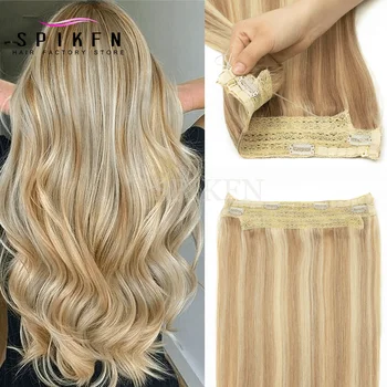 Highlights Honey Blonde Fish Line Human Hair Extensions Invisible Wire in with Clips on Weft Hair Extensions '12-22' for Women