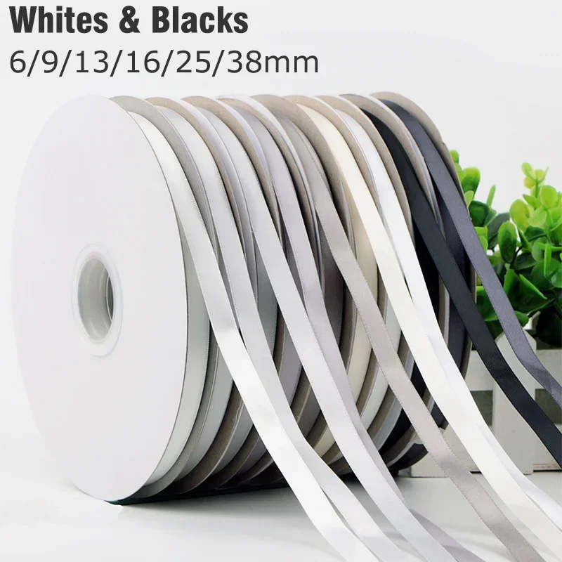 6/9/13/16/25/38mm White Black Double Face Satin Ribbon Solid Color Polyester Dense Thick Silky Tapes Gift Wrap satin ribbons ribbon decoration ribbon supplies satin ribbon polyester ribbon