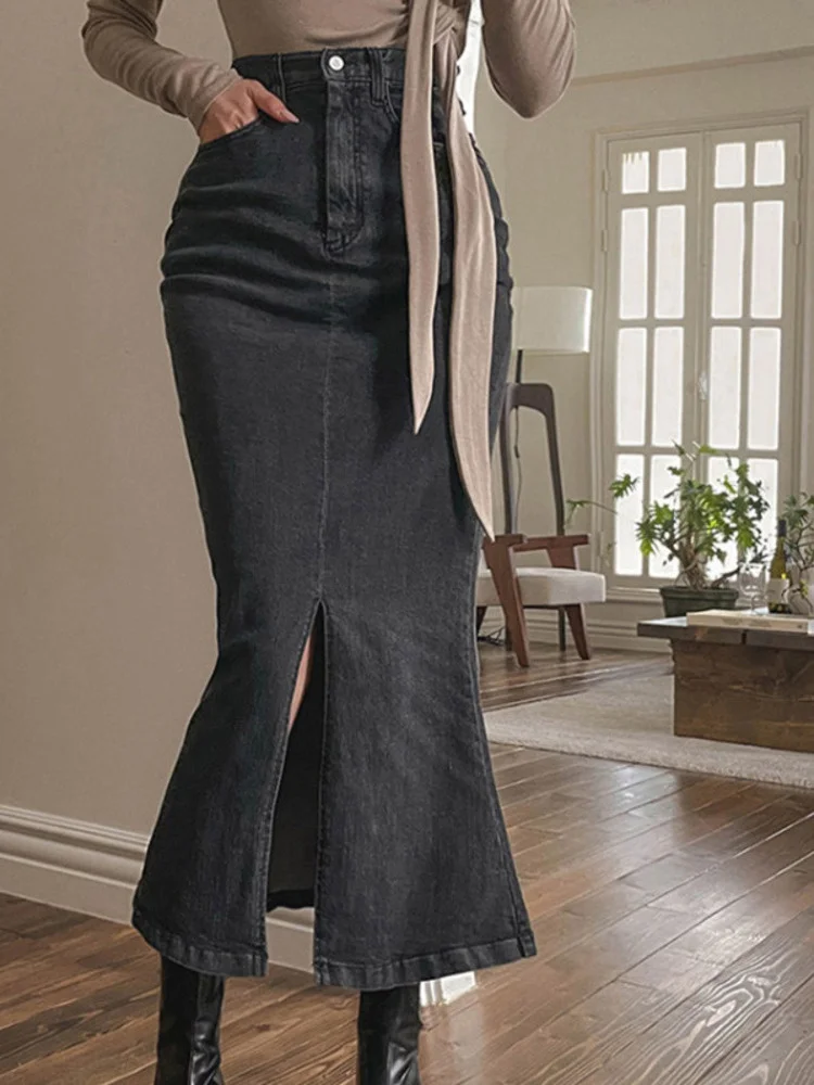 

Korea New Style Split Fishtail Skirt High Waist Hip Wrap Slim Denim Skirt Female Fashion Women Skirts Gray C509