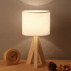 LED Wooden Bedside Lamp Tripod Table Lamp Vintage White Linen Lampshade for Bedroom Living Room E27 Socket(Bulb Not Included) 4