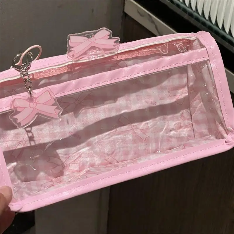 핑크 체크무늬 이중 레이어 투명 필통 고급 학생용 대용량 문구 보관 가방 인스 스타일