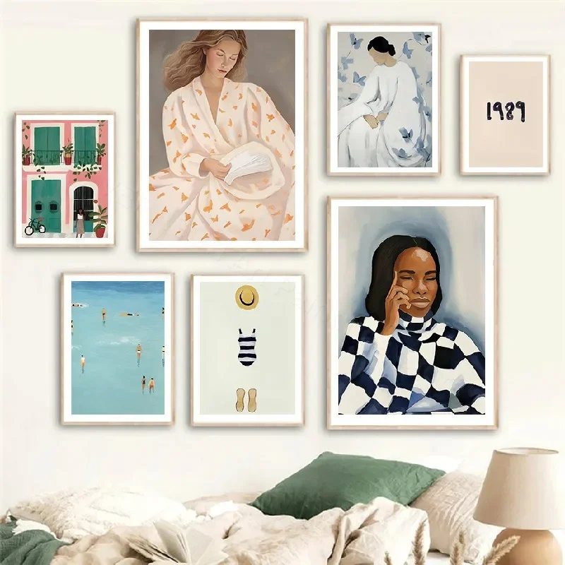 

Pajama Girl Reading Book Ocean Beach Black Woman Poster Abstract Pictures Wall Art Prints Canvas Painting For Living Room Decor