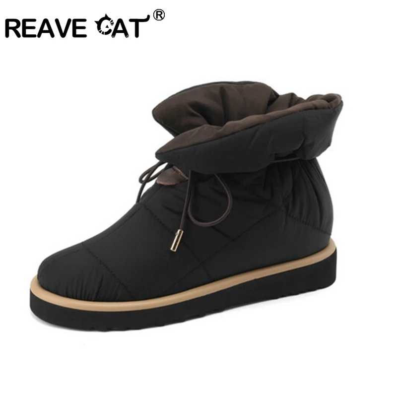 

REAVE CAT Elastic Waterproof Down Material Real Warm Thick Wool Ankle Snow Boots Furry Anti Slip Light Weight 3.5cm Heel 34-43