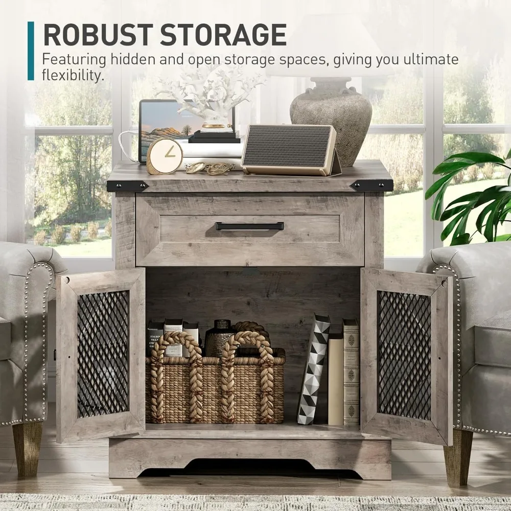 Farmhouse End Table with Charging Station, 24" Large Sofa Side Table with Drawer 6