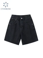 2025 Summer Women's High Waist Denim Shorts Casual Loose Ladies Plus Size Streetwear Fashion Button Wide Leg Short Jeans Female