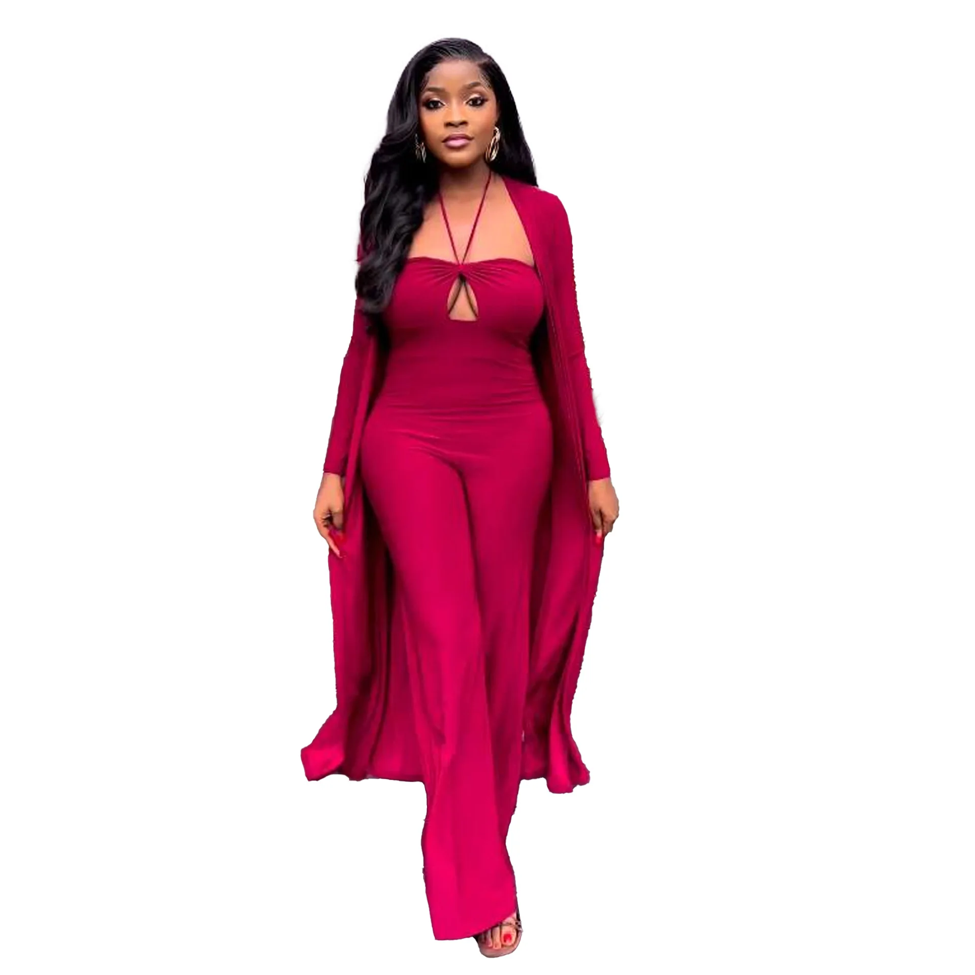 Autumn Women's Jumpsuit Fashion Sexy Solid Color Hanging Neck Long Sleeve Cardigan Jumpsuit Casual Elegant Women's Two Piece Set