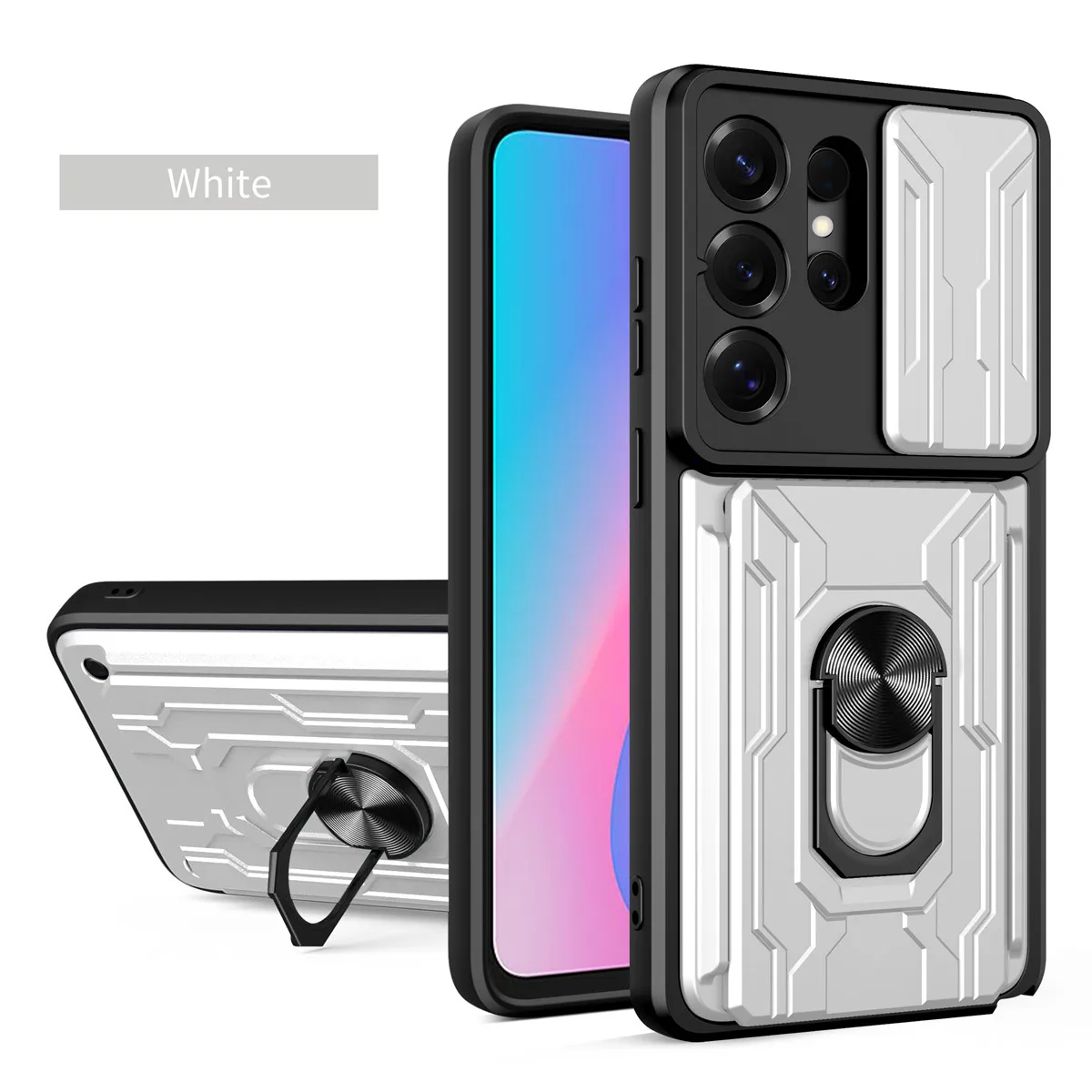 Heavy Duty Armor Mobile Phone Case with Slide Lens Protection and Card Slot Holder - Shockproof Cover