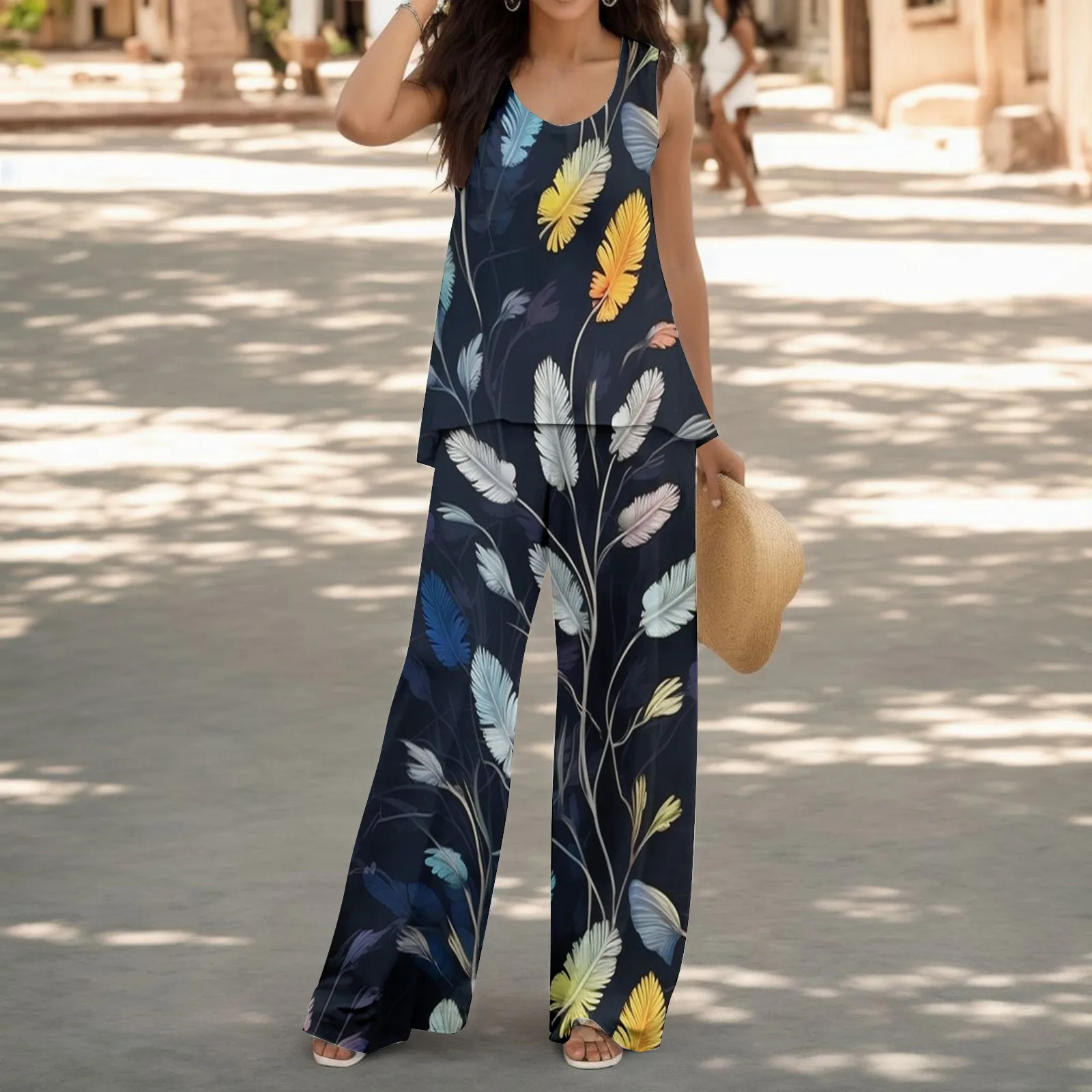 

Summer Boho Two Piece Sets Womens Outfits O Neck Flower Print Loose Sleeveless Tank Tops Wide Leg Pants Suit 2023