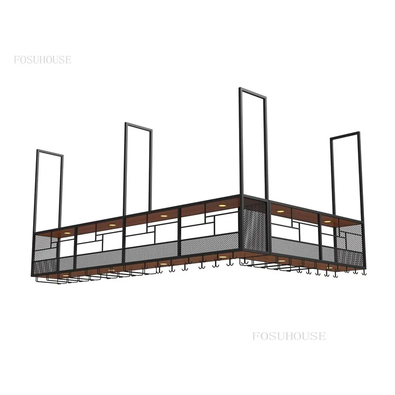 Modern Wrought Iron Wine Rack Display Cabinet with Light Bar Restaurant Minimalist Hanging Wine Cabinets Showcase Goblet Hanger