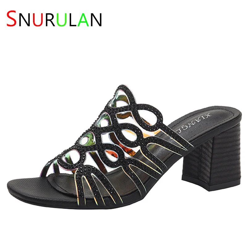 

Women's Block Heel Sandals, Fashion Hollow Out Rhinestone Open Toe Slip On High Heels, Roman Style Stacked Heels