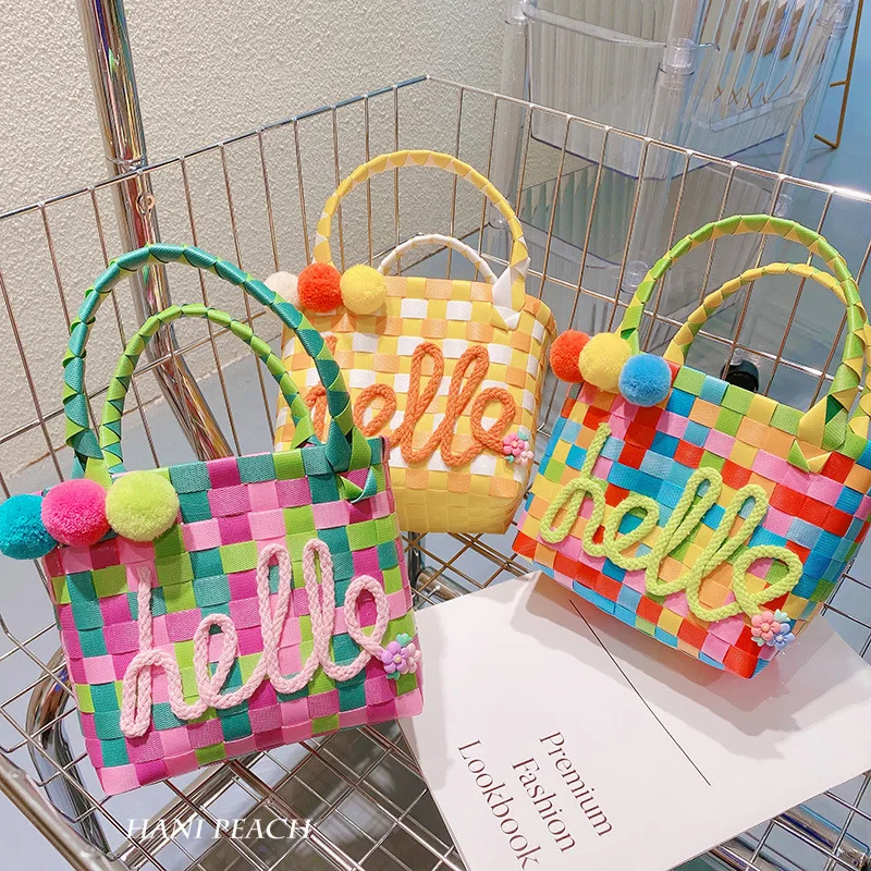 

Color Plaid Woven Basket Bag Handbags Hairball Designer Bags for Women 2022 Mini Woven Bag Candy Color Shopper Purses Clutch New
