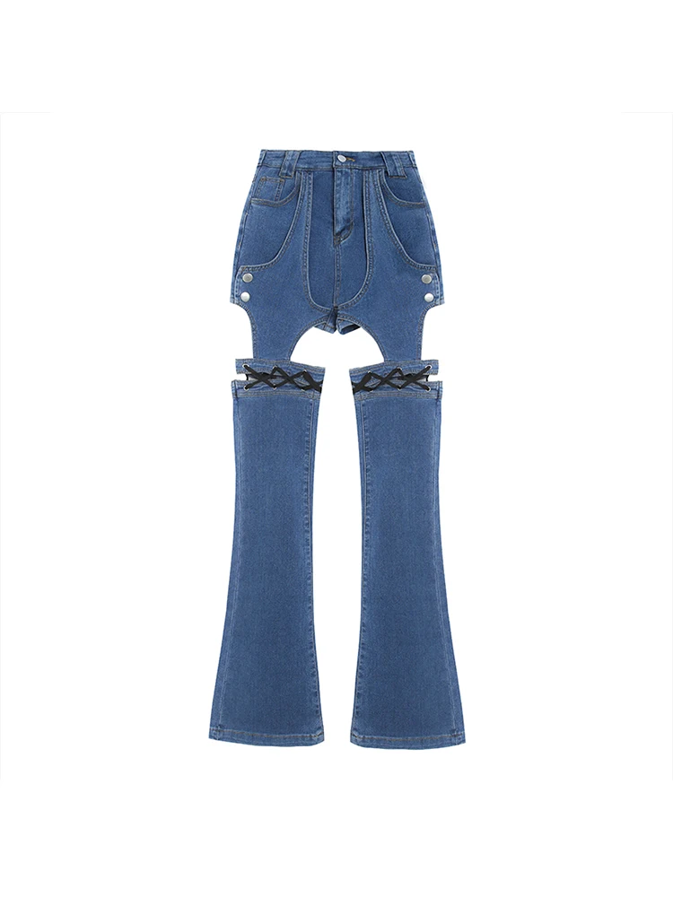 

2023 New Fashion Slim Denim Trousers Summer Sexy Chic Hot Girls Jeans Detachable Splicing High Waist Bare Legs Denim Pants Women