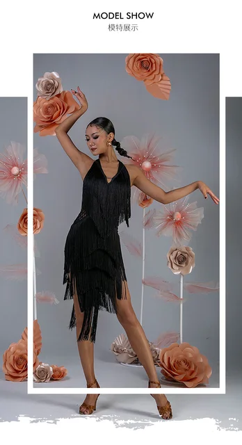 Abito Donna Con Paillettes E Frange - Mini Abito Corto Vintage Da Ballo, Scollo A V Senza Maniche, Per Latino E Samba - Foto 6