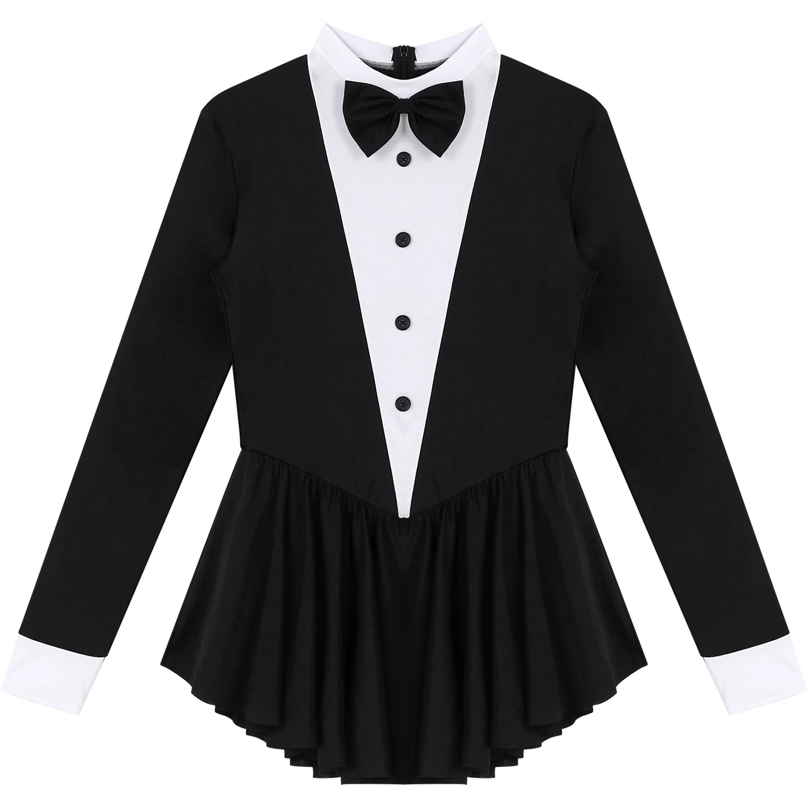 Women Long Sleeve Ballroom Latin Dance Dress Bowknot Ruffle Tuxedo Leotard Dresses Waitress Cosplay Costume Dancewear Clubwear