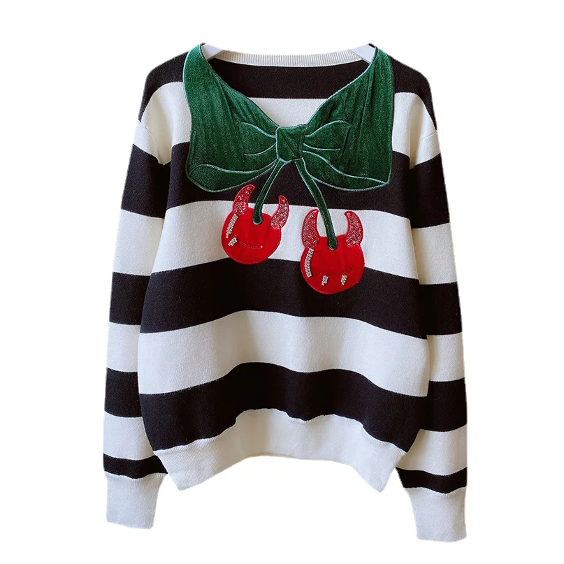

Luxury Designer Brand Knitted Top For Women O Neck Cherry Bow Pullover Sweater Striped Fall Winter Jumper C-060