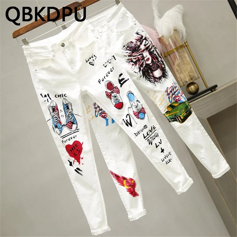 

White vintage printing for women pencil Pants Casual high waist slim Pants Women Summer Fashion big size streetwear Korean jeans