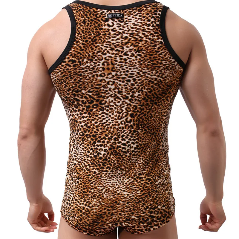 2PCS/Sets Mens Undershirts Leopard Printed Tank Tops Boxer Shorts Sports Gym Fitness Underwear Shirts Panties Suits Sleepwear