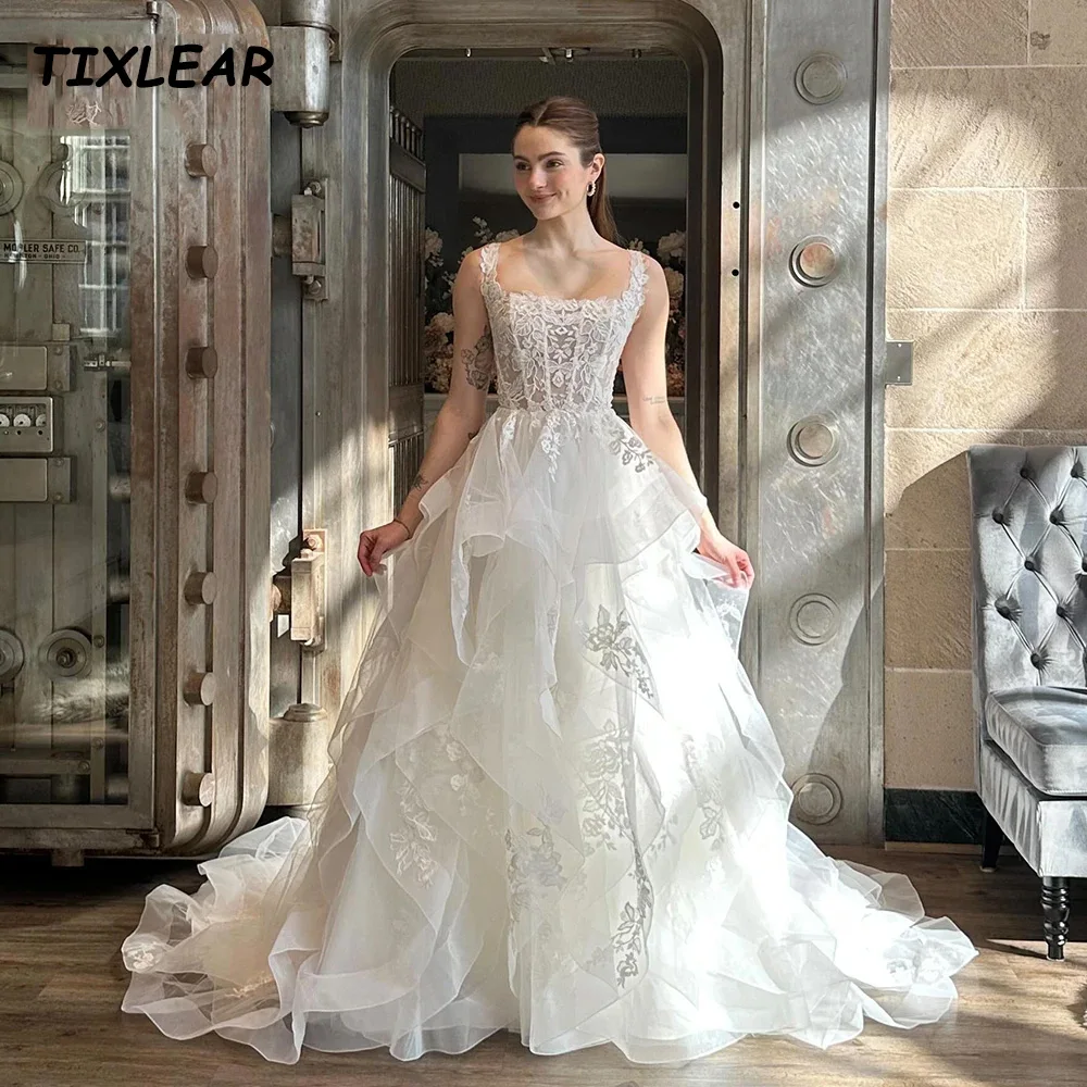 

TIXLEAR Modern Sleeveless Tiered Wedding Dress Square Collar Appliques Backless Illusion Floor Length Bridal Gown Vestidos New