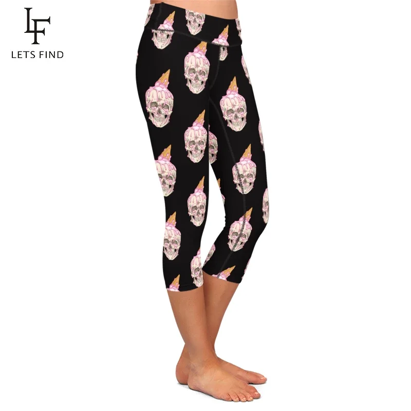 LETSFIND Summer New 3D Skull and Ice Cream Digital Printing Capri Leggings High Waist  Sexy Women Black Leggging