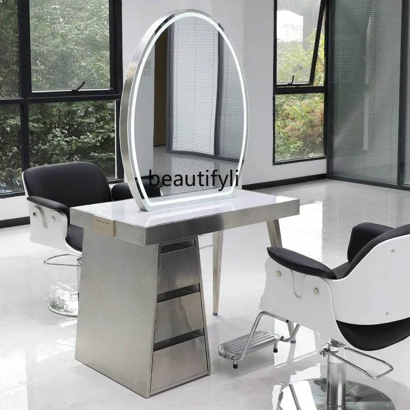 

Barber Shop Stainless Steel Dressing Table Hot Dye Mirror with Light Beauty and Hairdressing Mirror
