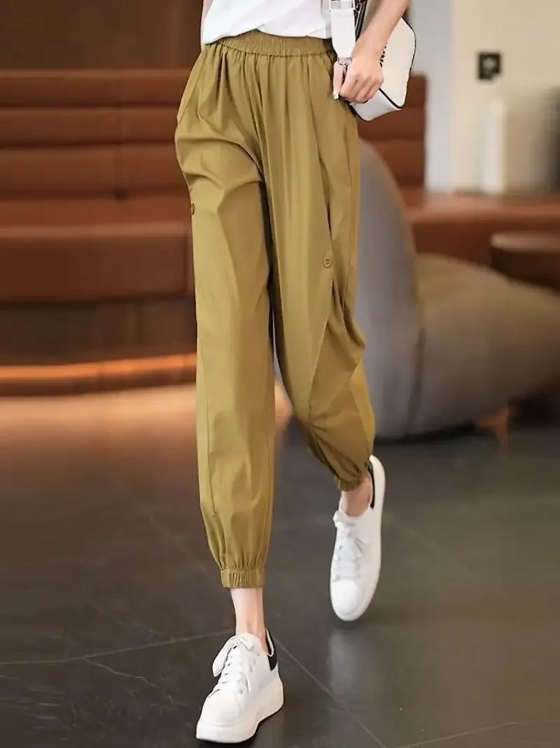 2023 Fashion New Pants Women Summer Thin Loose Solid Color Versatile Large Casual Elasticity Waist Straight Leg Lantern Trousers