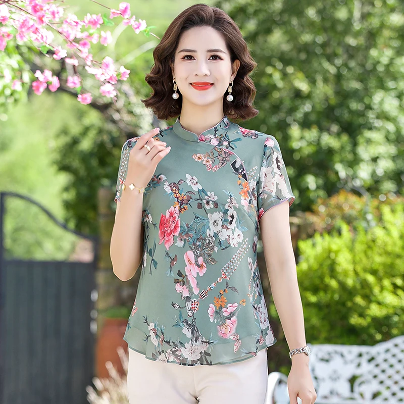 

Women's Summer Qipao Style Flare Short Sleeves Top, Female Blouse Shirt, Middle Aged Mother, Loose, Solid Chic, Casual Blouses