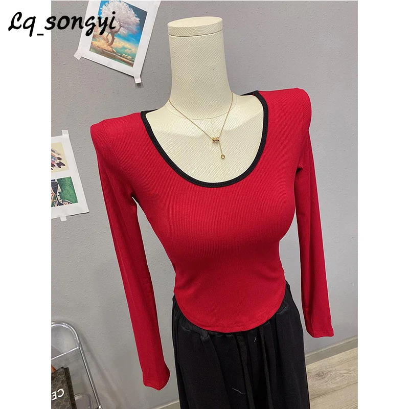 

Contrast Color ! U Neck Slim T Shirts Women Basic High Strech Tight T Shirt Lq_songyi Sping Long Sleeve Solid Thin Tops