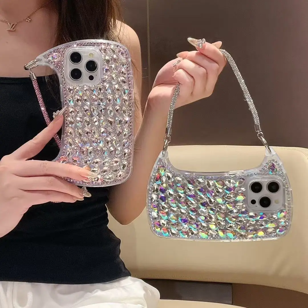 Creative Luxury Rhinestone Phone Case with Lanyard and Protective Back Cover