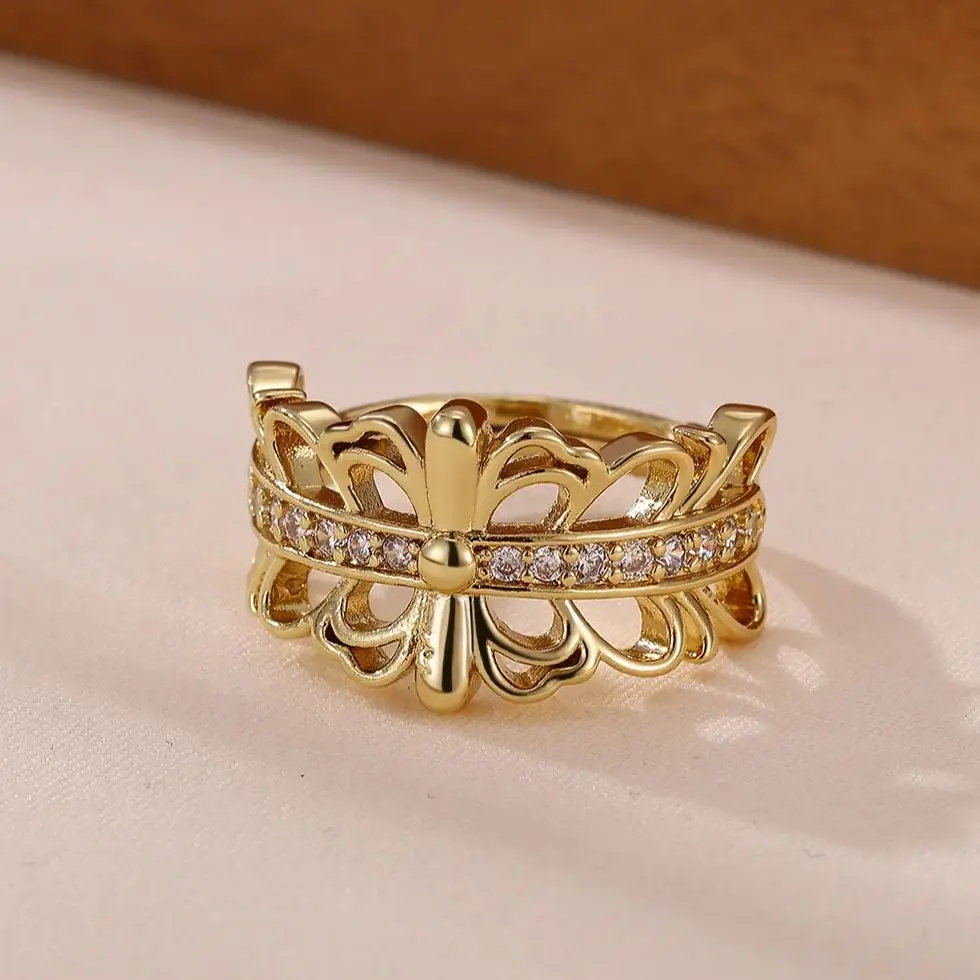 Zircon Butterfly Rings Gold Stainless Steel Hollow Spliced Ring For Women