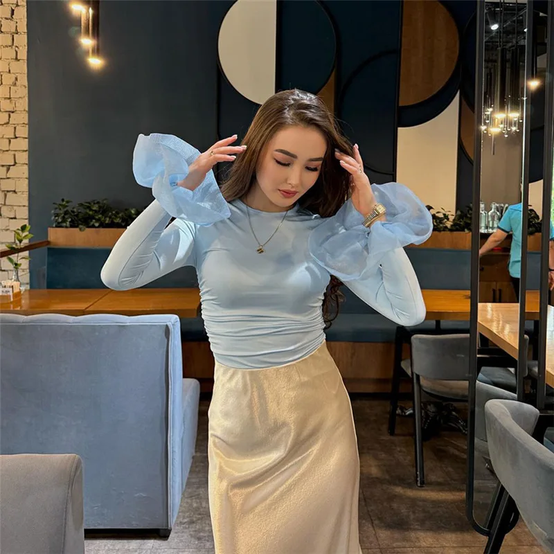 Mesh Ruffled Patchwork T-shirt Top For Women Long Sleeve High Waist Cropped Top Pullover Streetwear Female Slim Y2k Top