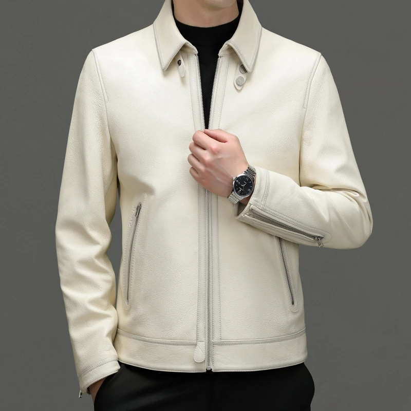 

2024-Autumn and Winter New Fashion Men's Business Casual Solid Color British Fashion Trend Leather Lapel Jacket Sheepskin Coat