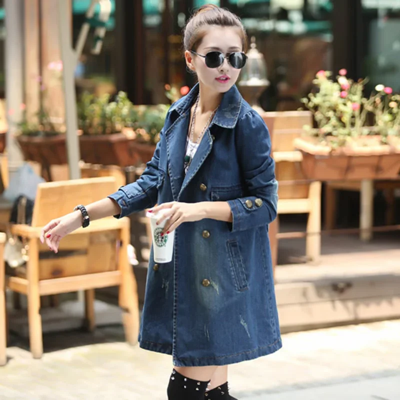 

COKAL Casual Solid Color Vintage Coat Women's new spring Fall denim Long Jacket Fashion lapel double-breasted trench coat