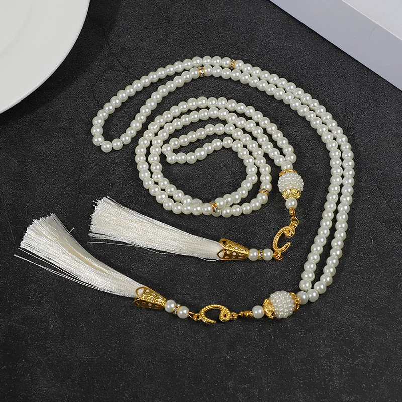 6mm 99pcs Glass Pearls Islamic Prayer Beads Bracelet with Tassel Muslim Party Home Decoration Eid Mubarak Ramadan Gifts Supplies
