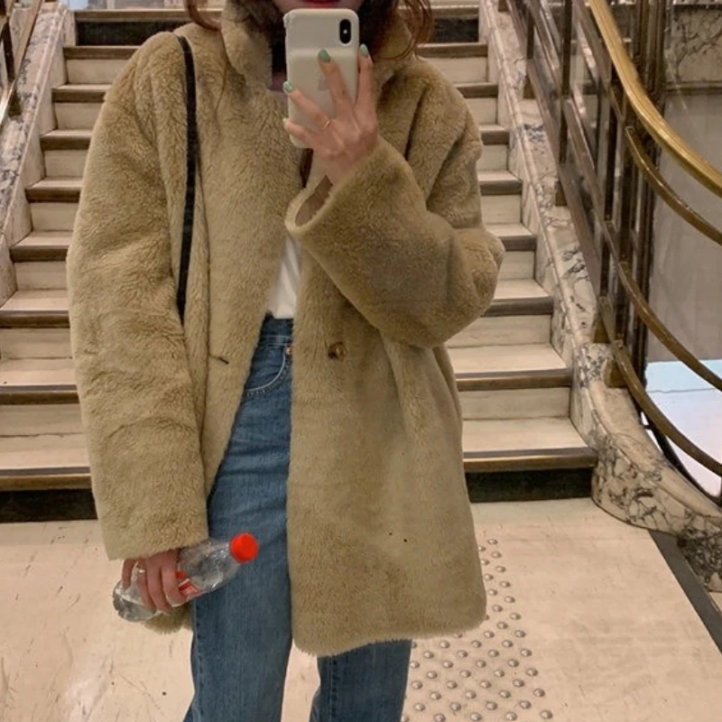 Women\'s Winter Thicken Leather Fur Coat Jacket Lapel Collar Loose Single Breasted Overcoat Warm Clothes Outerwear