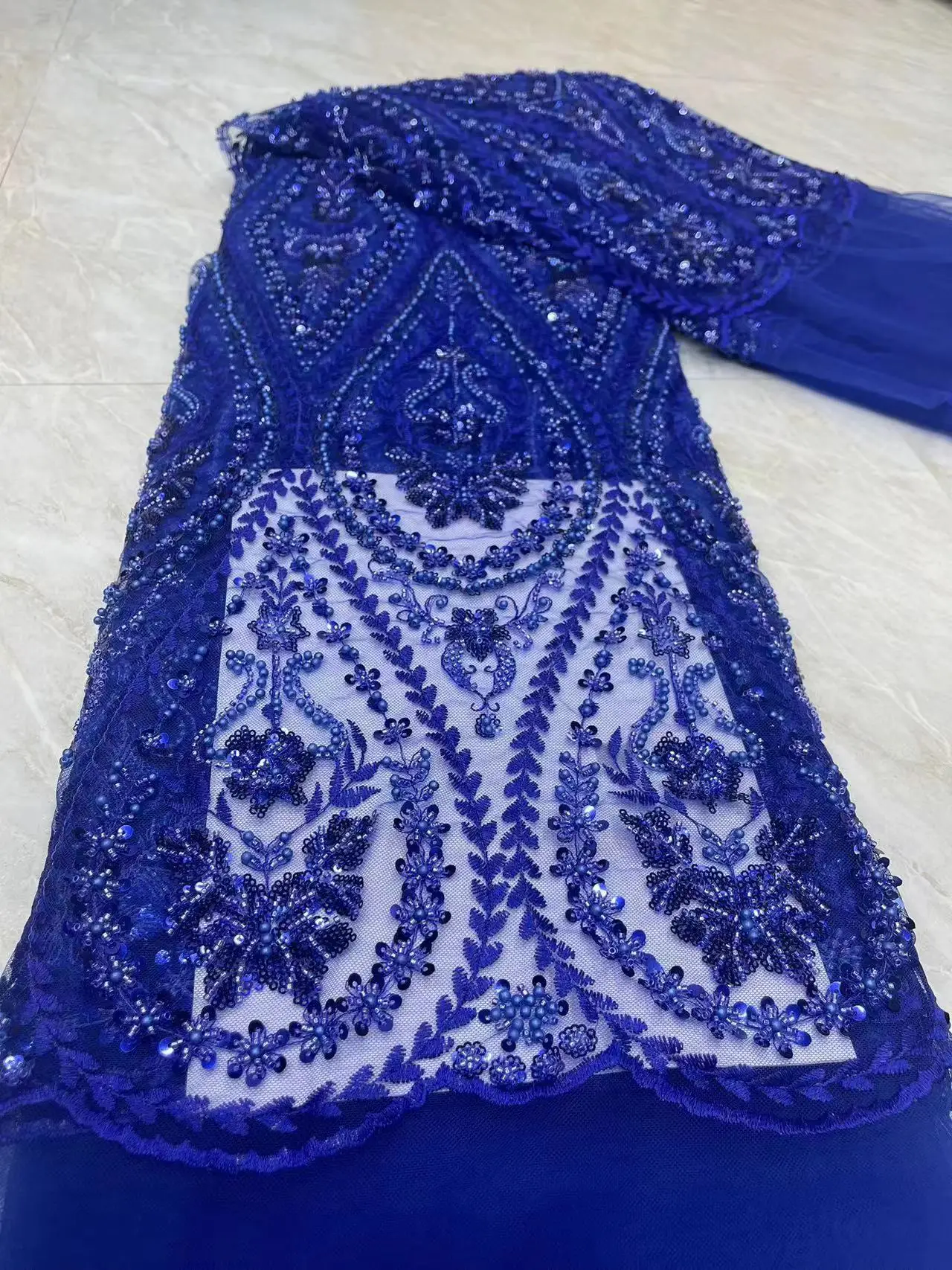 RoyalBlue High Quality African Embroidery Beade Lace Fabric Nigerian Sequins Lace Fabric For Wedding Party Sewing Material Dress