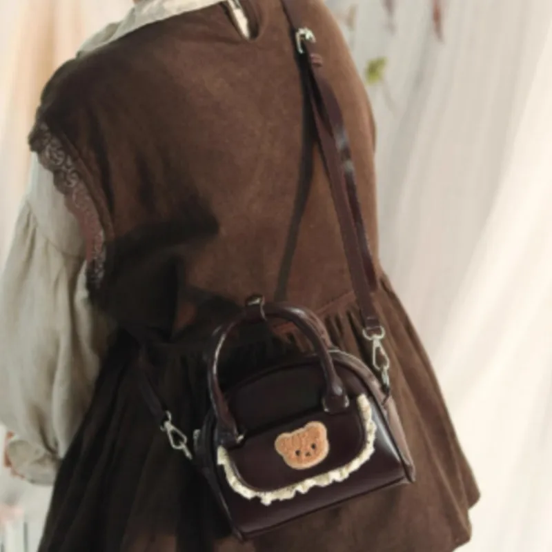 JIAERDI Harajuku Brown Messenger Bag Women Retro Bear Embroidery Handle Crossbody Bags Ladies Vintage Sweet Cute Hand Bag Chic