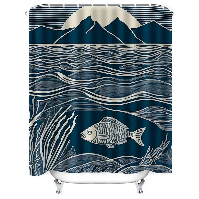 Modern Artistic Blue and White Fish and Mountain Pattern Waterproof Shower Curtain for Stylish Bathroom Decor, Easy Instal 3